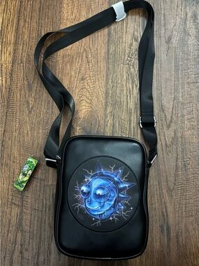 NEW Buckle Down Rick & Morty Lenticular Faces Crossbody Bag Black Faux Leather
